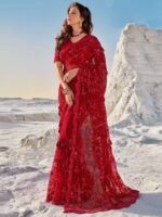 Red Net Saree with Embroidery – Glam Fashion