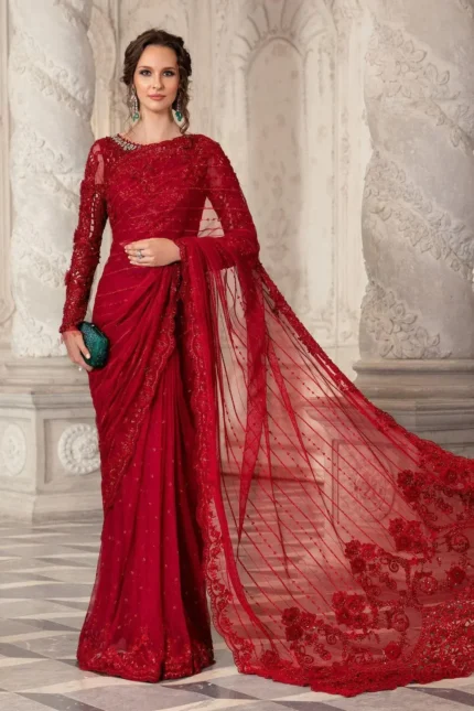 Maria B Heavy Embroidered Net Red Saree 2026