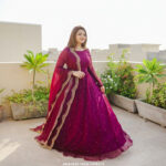 Solid Magenta Chiffon Hand Embellished Dupatta With Anarkali Set - Image 3