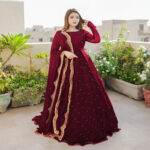 Solid Magenta Chiffon Hand Embellished Dupatta With Anarkali Set - Image 4