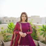 Solid Magenta Chiffon Hand Embellished Dupatta With Anarkali Set - Image 2