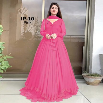 Stitched Two Layer Style Flair Party Wear Long Chiffon Frock 3-Piece