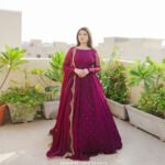 Solid Magenta Chiffon Hand Embellished Dupatta With Anarkali Set - Image 9