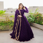 Solid Magenta Chiffon Hand Embellished Dupatta With Anarkali Set - Image 6