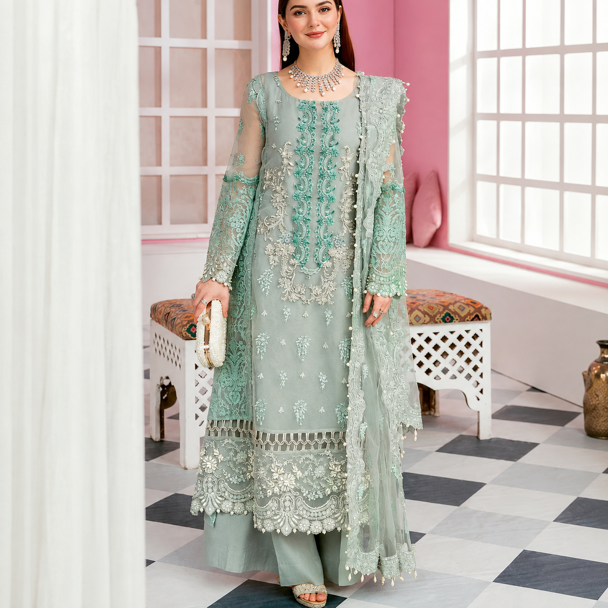 hania amir updated Heavy Embroidered with Handwork Mint Green Organza Dress for Formal & Wedding Events - Image 1