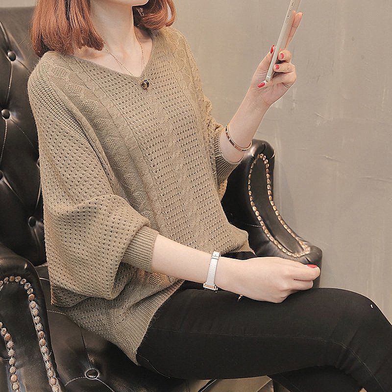 MZCHYHA864-media-1 Women Woolen Lantern Sleeve Sweater Khaki Loose Autumn Winter