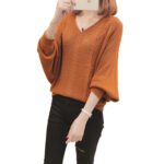 Women Woolen Lantern Sleeve Sweater Khaki Loose Autumn Winter - Image 6