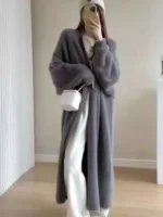 Women Faux Mink Velvet Long Cardigan Winter Loose Knit - Image 3