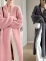Women Faux Mink Velvet Long Cardigan Winter Loose Knit - Image 6