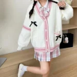 Pink Bow Knitted Cardigan Women Winter Loose Fit - Image 2