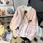 Pink Bow Knitted Cardigan Women Winter Loose Fit - Image 3