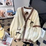Pink Bow Knitted Cardigan Women Winter Loose Fit - Image 4