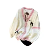 Pink Bow Knitted Cardigan Women Winter Loose Fit - Image 5