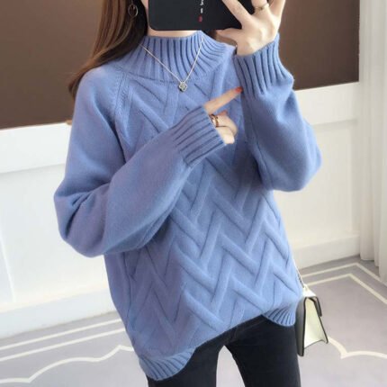 Women Half Turtleneck Knit Sweater Loose Long Sleeve Autumn Winter