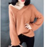 Women V-Neck Faux Alpaca Wool Sweater Green Loose Fit - Image 2