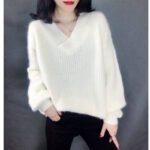 Women V-Neck Faux Alpaca Wool Sweater Green Loose Fit - Image 3