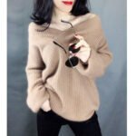 Women V-Neck Faux Alpaca Wool Sweater Green Loose Fit - Image 4