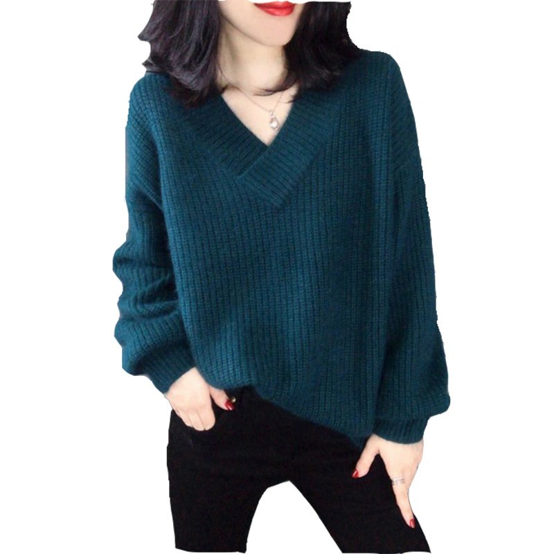 MZCHYHAM9492-media-5 Women V-Neck Faux Alpaca Wool Sweater Green Loose Fit - Image 1